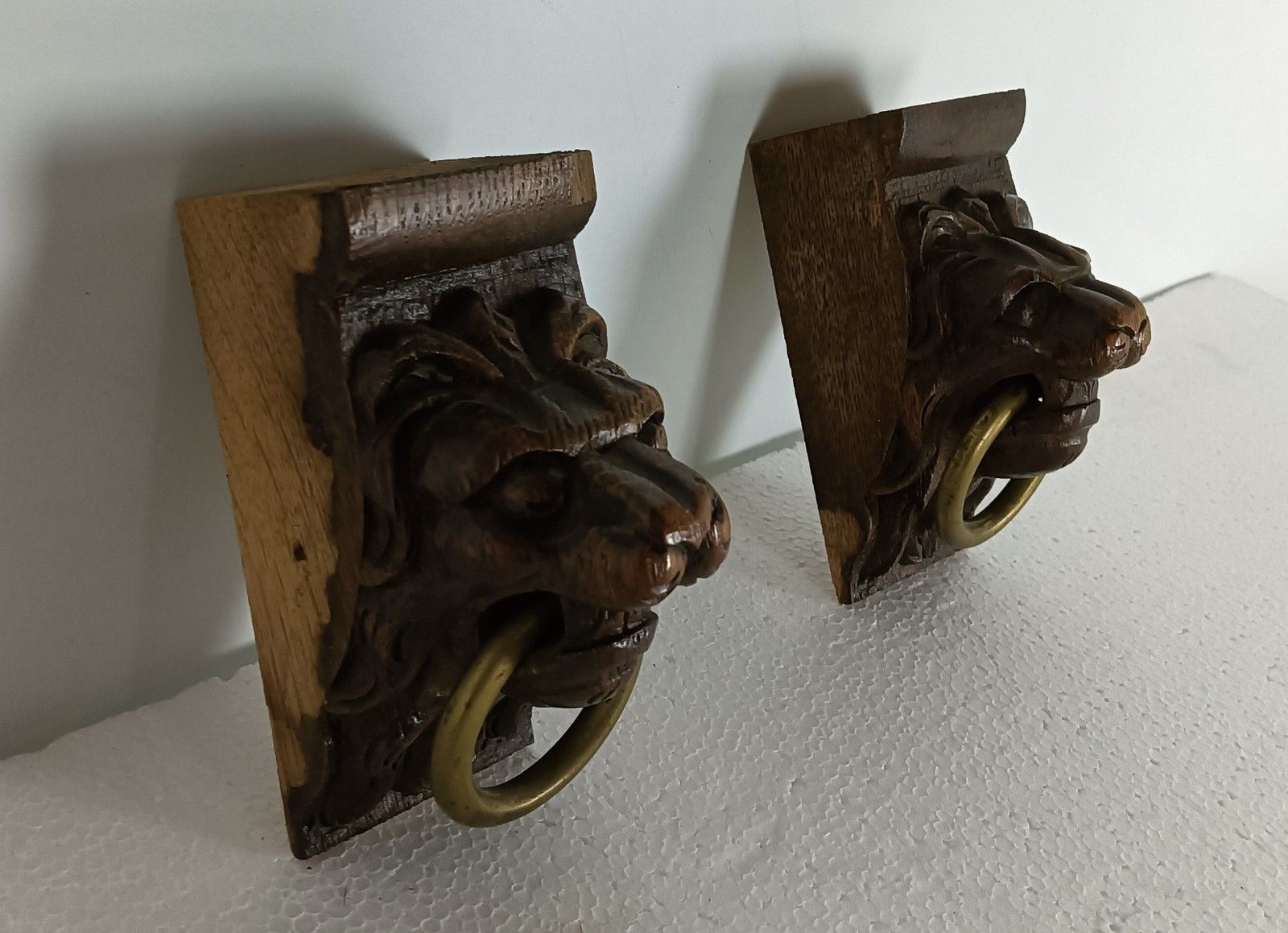 Antique Pair Corbels Hand Carved Wood Architectural Reclaimed Lion Heads Trims R photo for sale