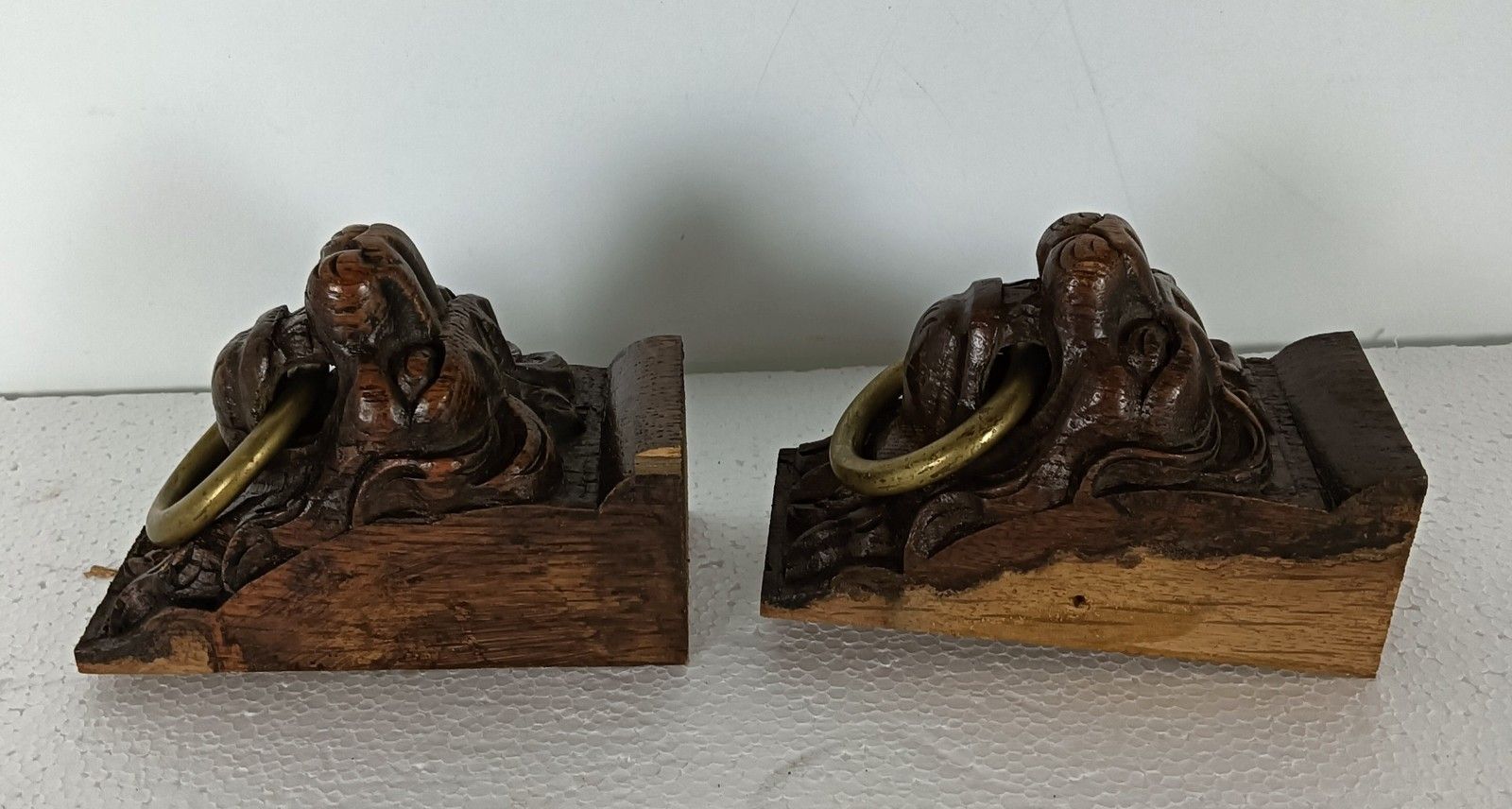 Antique Pair Corbels Hand Carved Wood Architectural Reclaimed Lion Heads Trims R photo 101.0