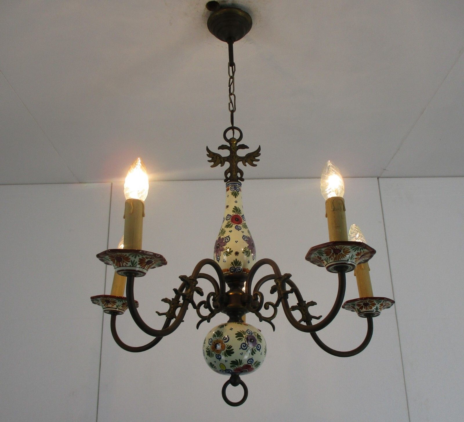 Vintage Delft Polychrome Porcelain Brass Chandelier 5 Lights Marked Htf Flowers photo for sale