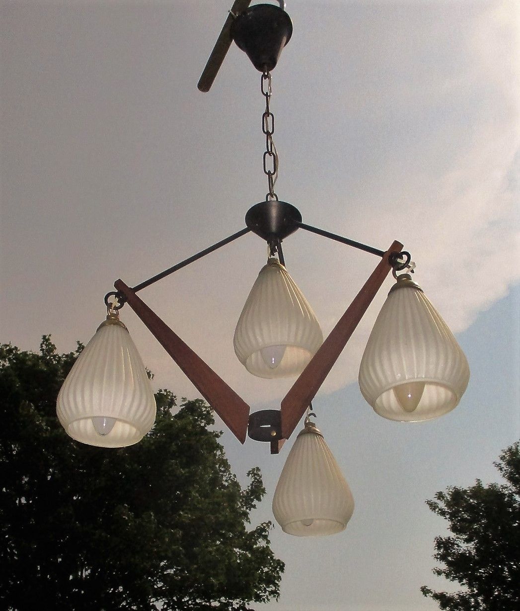 photo furniture Danish Modern Chandelier Pendant Teak Atomic 4 Tear Drop Mid Century Vintage 50s