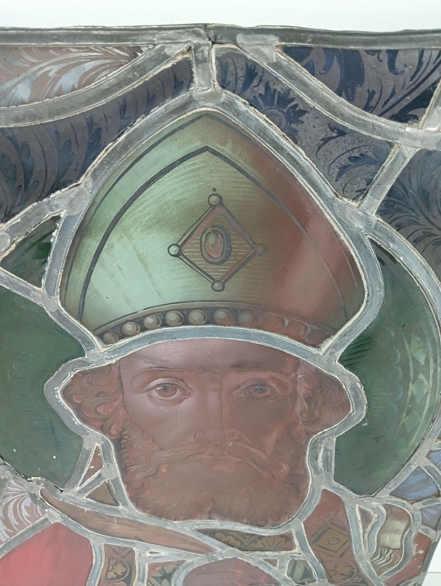 Antique 19th Century Glass Stained Leaded Glass Window Saint Church Salvaged photo furniture