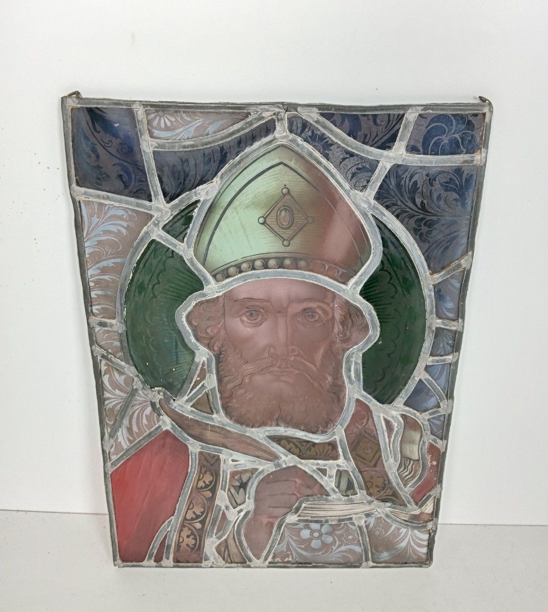 Antique 19th Century Glass Stained Leaded Glass Window Saint Church Salvaged photo for sale