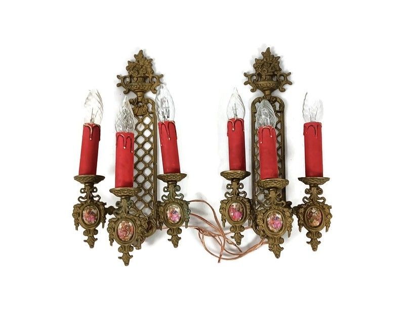 Pair French Brass Triple Wall Sconces Candelabras Victorian Style Limoges Sevres