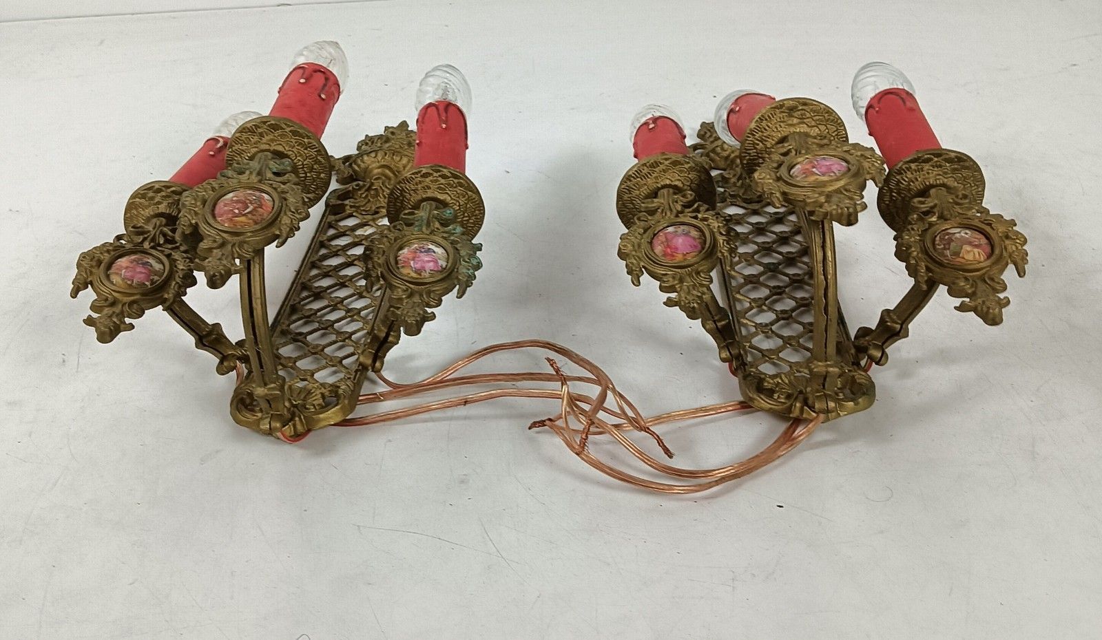 Pair French Brass Triple Wall Sconces Candelabras Victorian Style Limoges Sevres photo vinterior