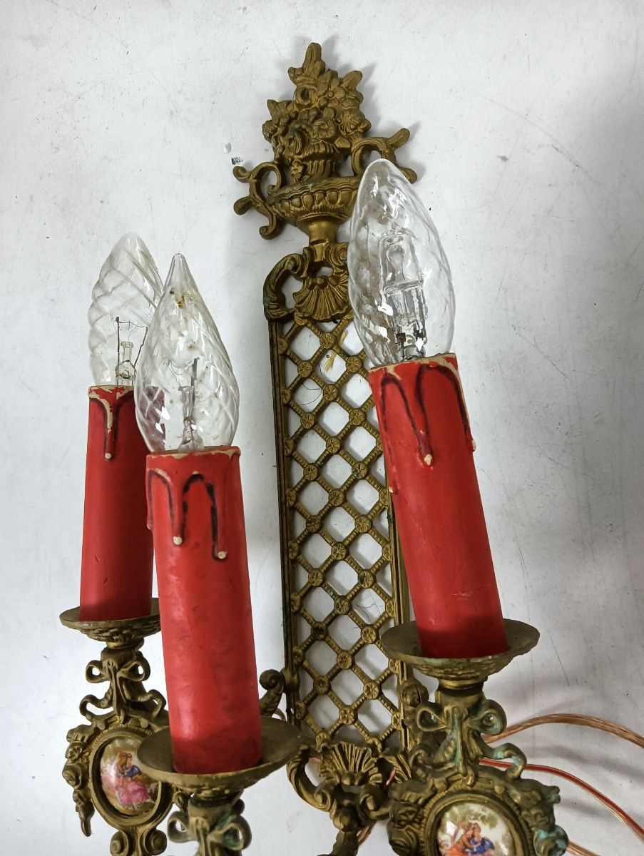 Pair French Brass Triple Wall Sconces Candelabras Victorian Style Limoges Sevres photo vintage