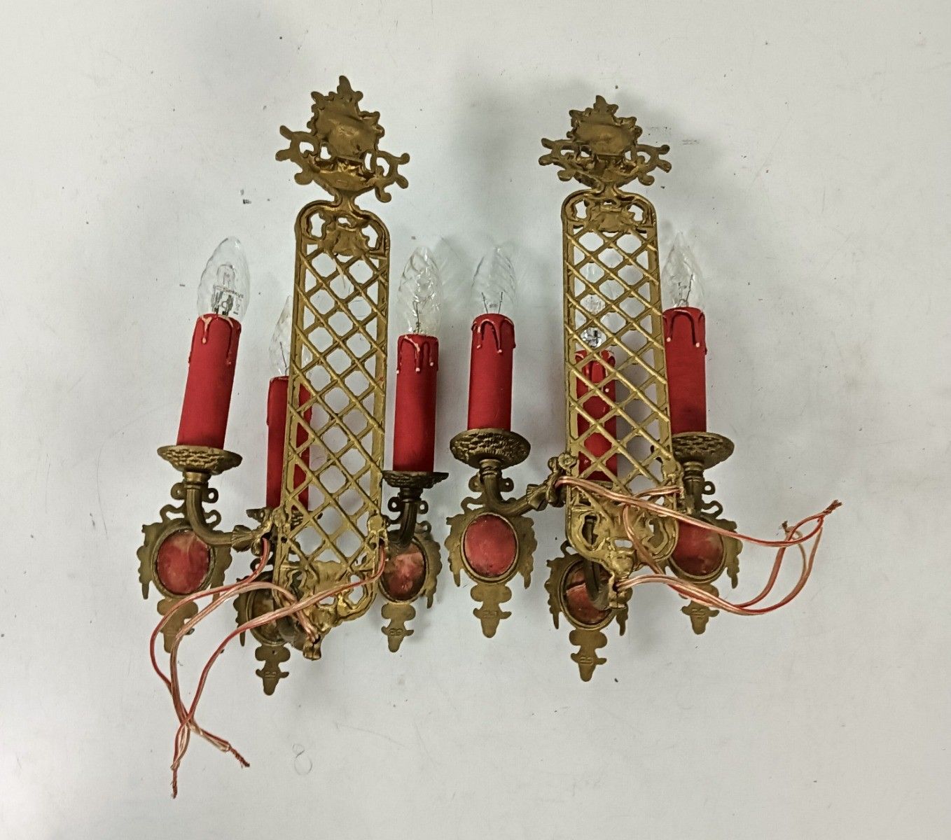 Lighting Pair French Brass Triple Wall Sconces Candelabras Victorian Style Limoges Sevres photo