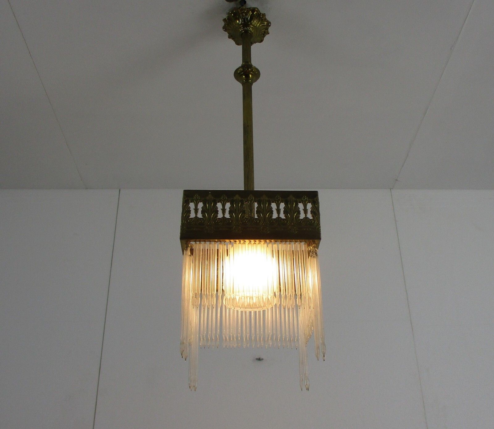 Jugendstil Hall Lamp Chandelier Prisms Copper Glass Antique Hanging Light photo for sale