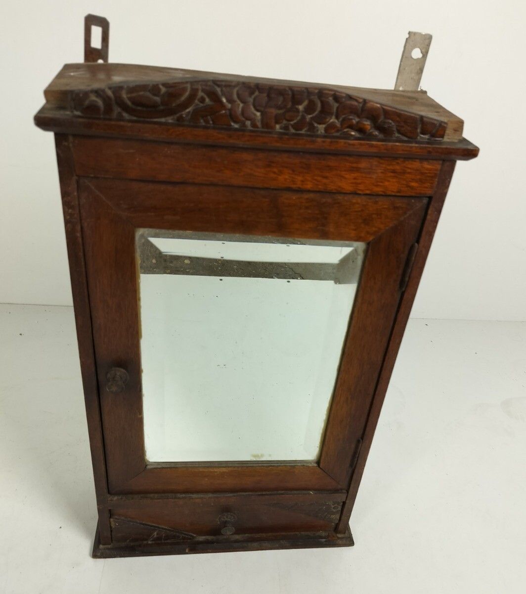 Antique Medicine Apothecary Pharmacy Cabinet Carved Wood  Beveled Glass, Shaving photo 223.0