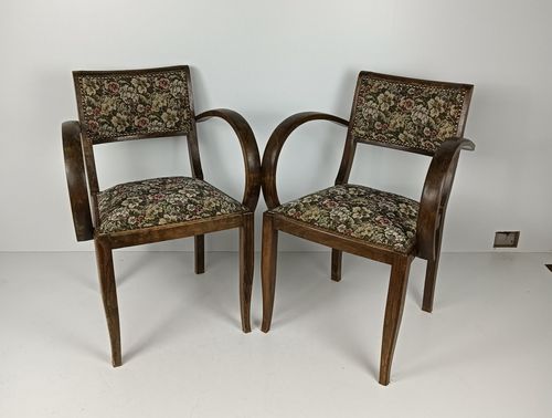 Pair Art Deco Bridge Chairs Wood Antique Needlepoint Fabric Hobnails Rare Find photo for sale
