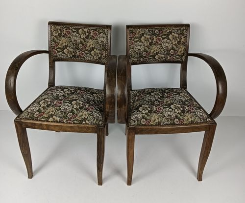 Pair Art Deco Bridge Chairs Wood Antique Needlepoint Fabric Hobnails Rare Find photo Furniture