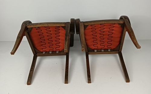 Furniture Pair Art Deco Bridge Chairs Wood Antique Needlepoint Fabric Hobnails Rare Find photo