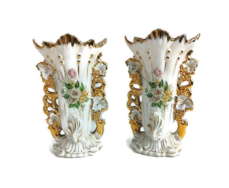 Lovely Couple Antique French  Porcelain Fan Flair Bridal Vases  Hand Painted Ena