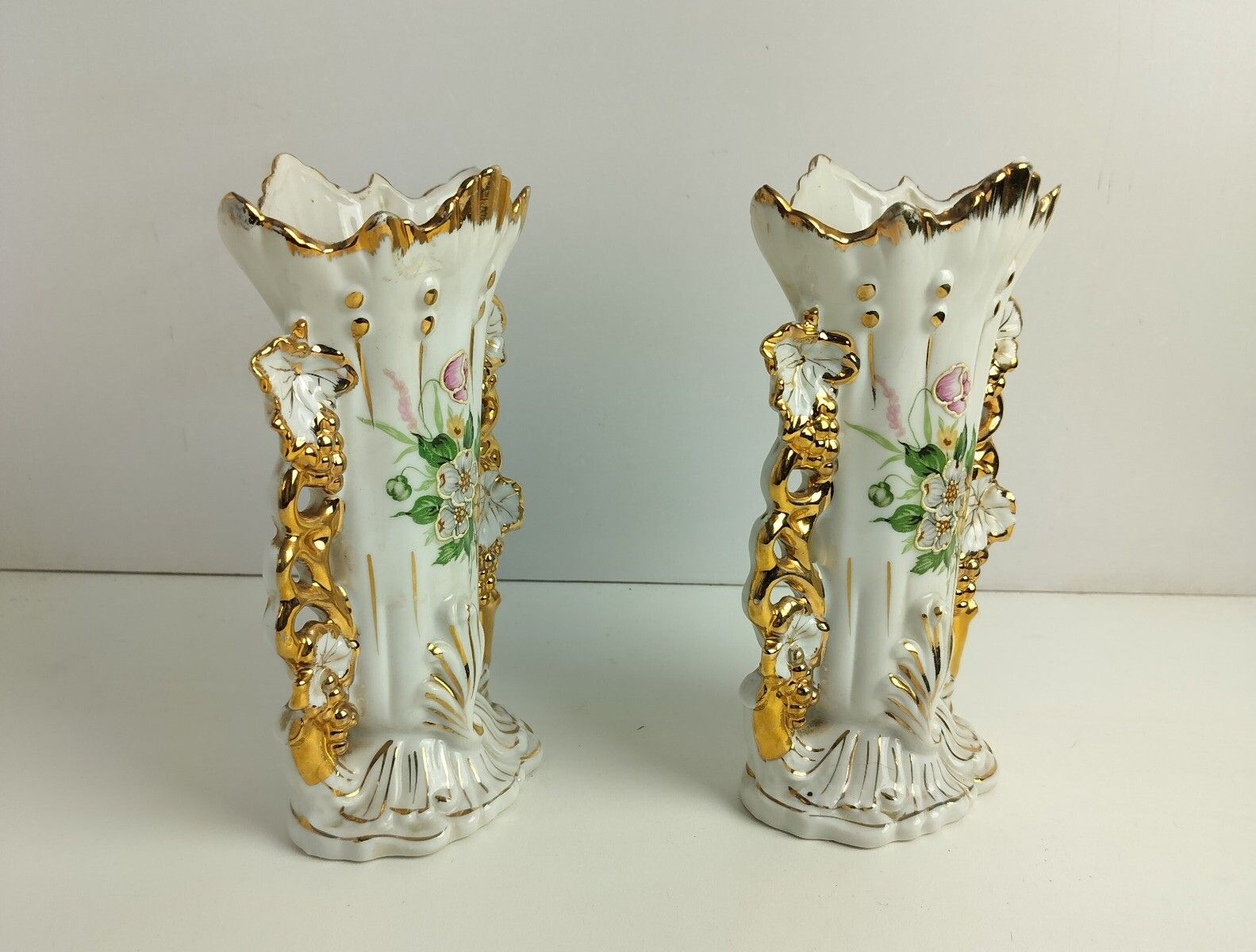 Lovely Couple Antique French  Porcelain Fan Flair Bridal Vases  Hand Painted Ena photo Home Decor
