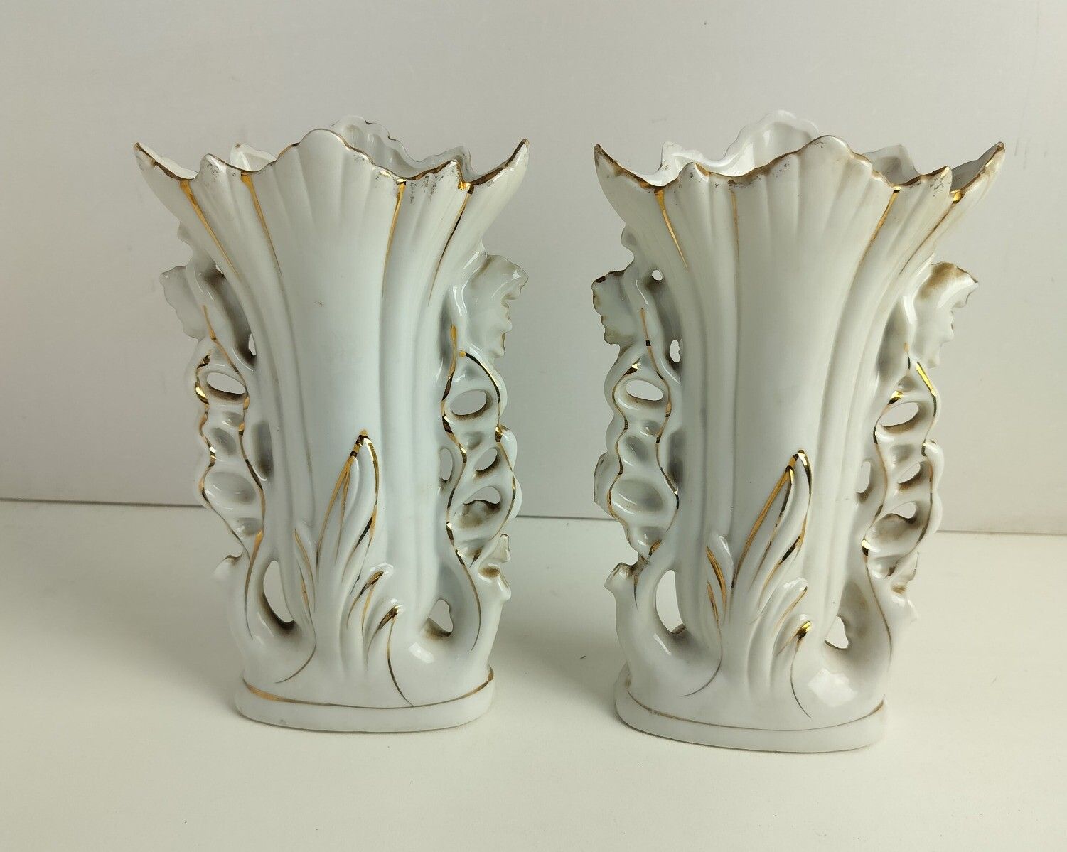 Lovely Couple Antique French  Porcelain Fan Flair Bridal Vases  Hand Painted Ena photo 110.0