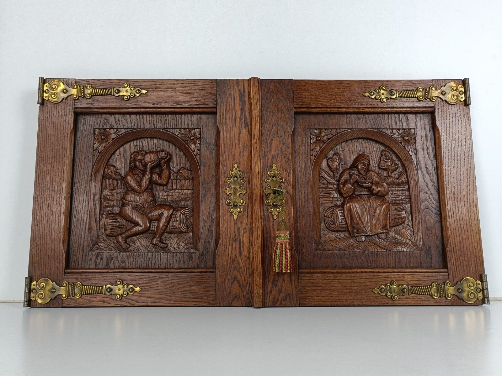 Pair Vintage Carved Wood Door Panels Breughel Style Architectural Salvaged Brass photo for sale