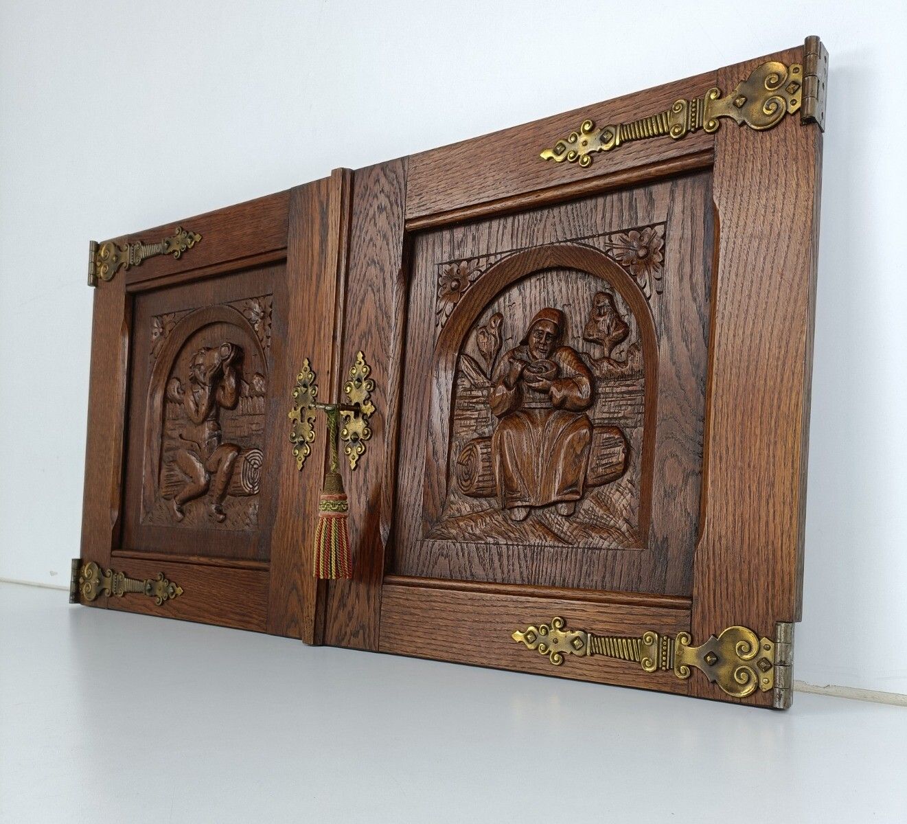 Pair Vintage Carved Wood Door Panels Breughel Style Architectural Salvaged Brass photo 283.0