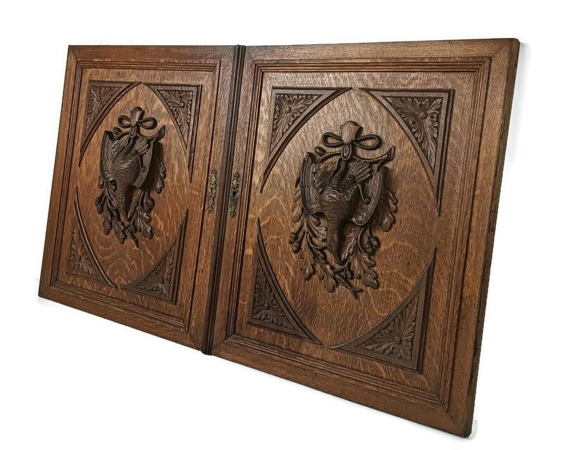 Pair Antique  Hand Carved Wood Door Panels Pheasants Hunt Reclaimed Architectura