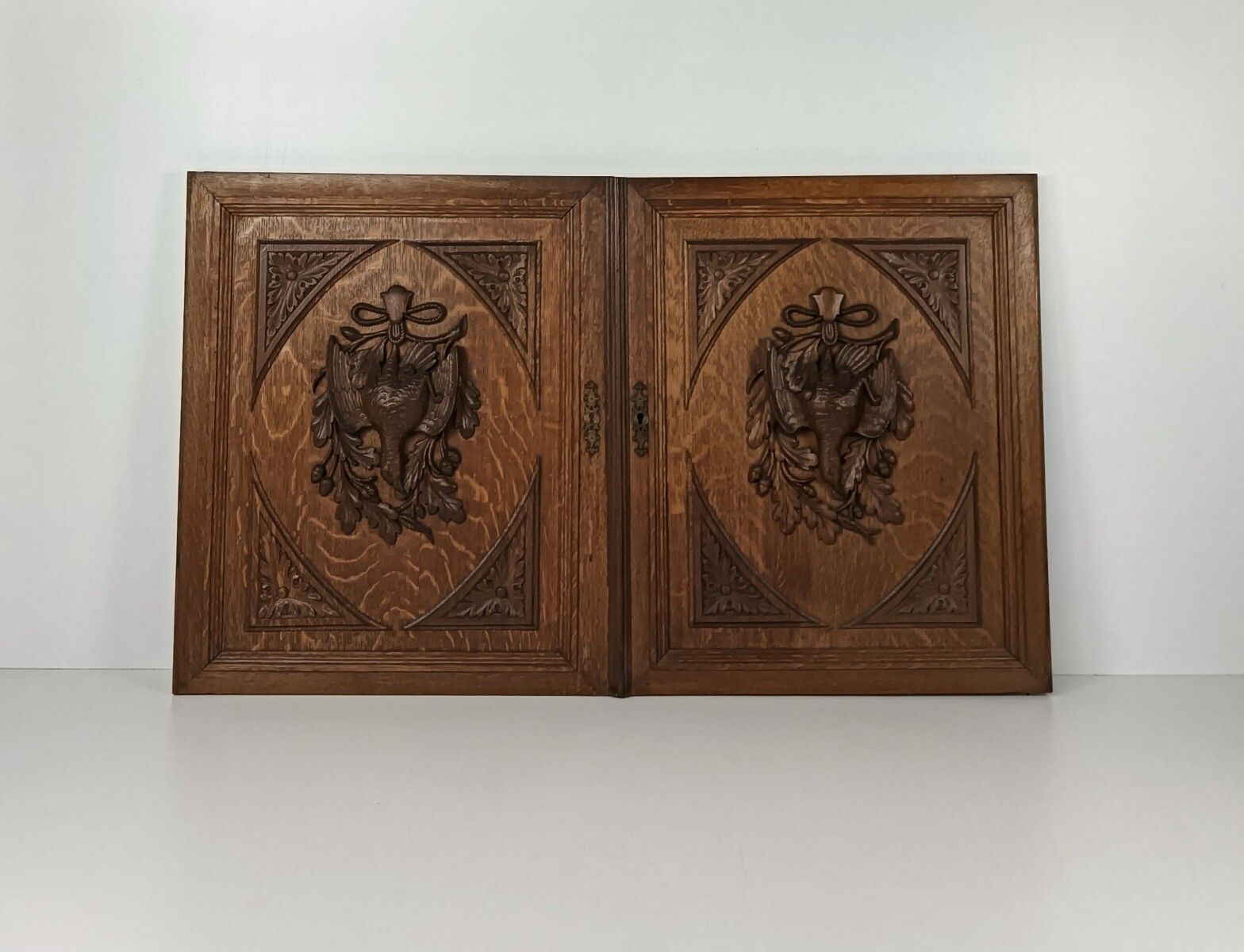Pair Antique  Hand Carved Wood Door Panels Pheasants Hunt Reclaimed Architectura photo furniture