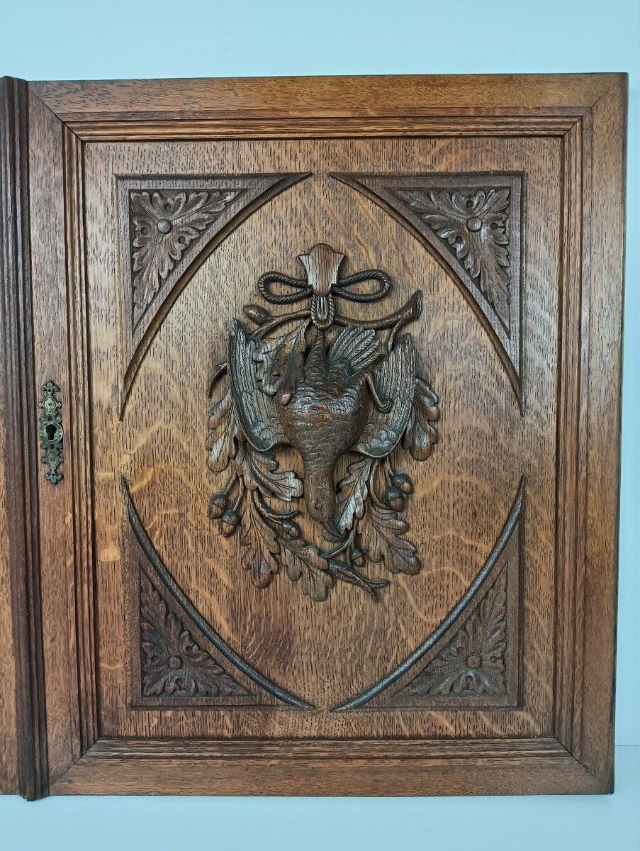 Pair Antique  Hand Carved Wood Door Panels Pheasants Hunt Reclaimed Architectura photo Home Fixtures