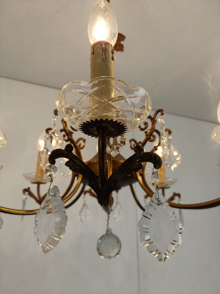 photo for sale Vintage Chandelier With Glass Prisms Brass Hollywood Regency 8 Lights