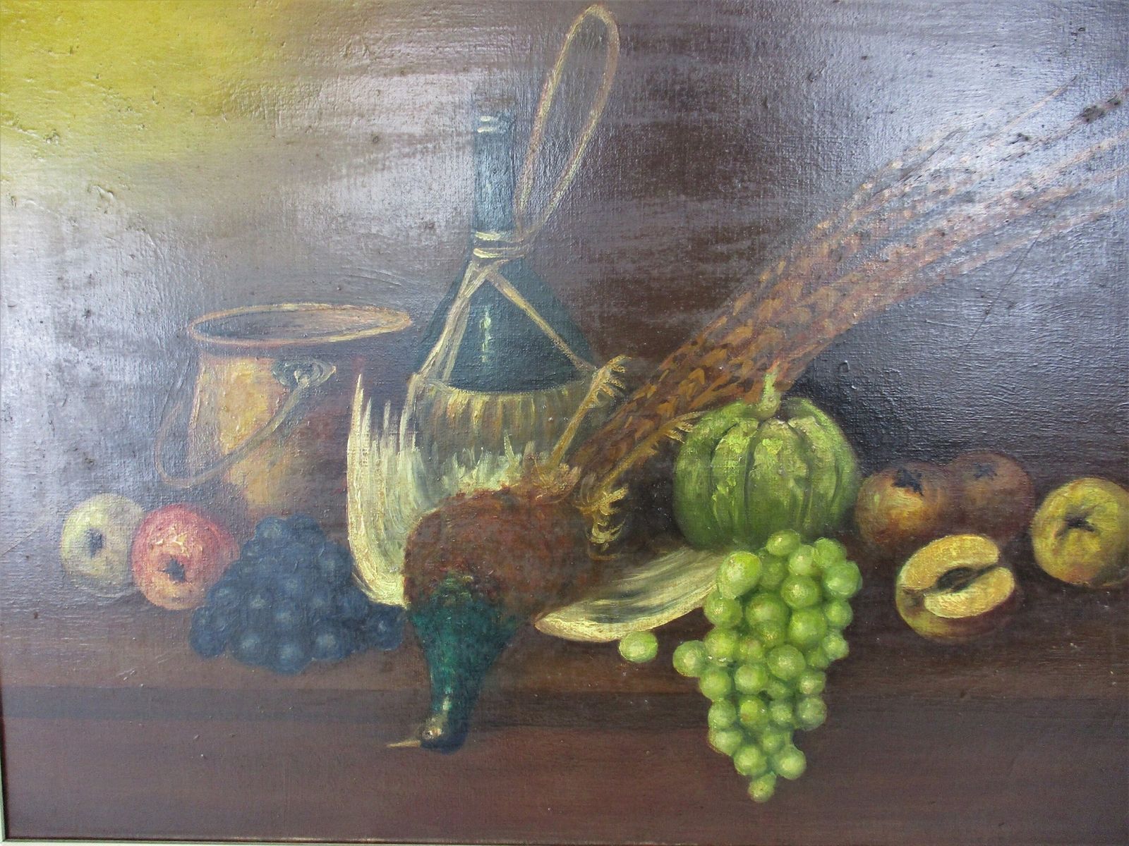 Oil Painting Canvas Framed Still Life Bouquet Of Fruit  Pheasant Signed A M 19 photo for sale