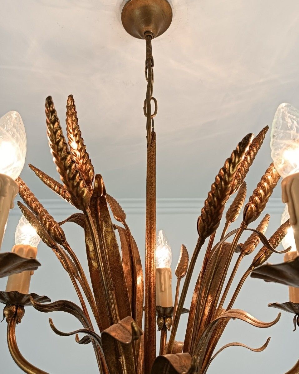 French Hollywood Regency Chandelier Light Wheat Sheaf Vintage 5 Lights Gold Gild photo vintage