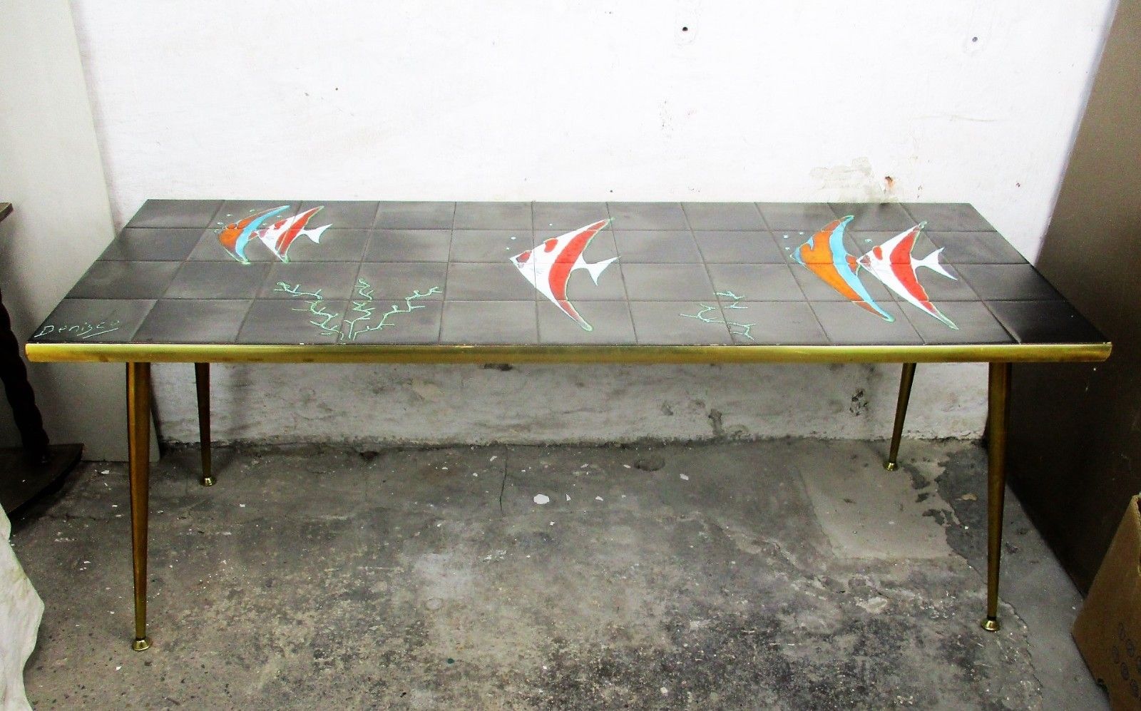 Mid Century Coffee Table Italian Art Design Ceramic Signed By Denisco Street Art photo for sale