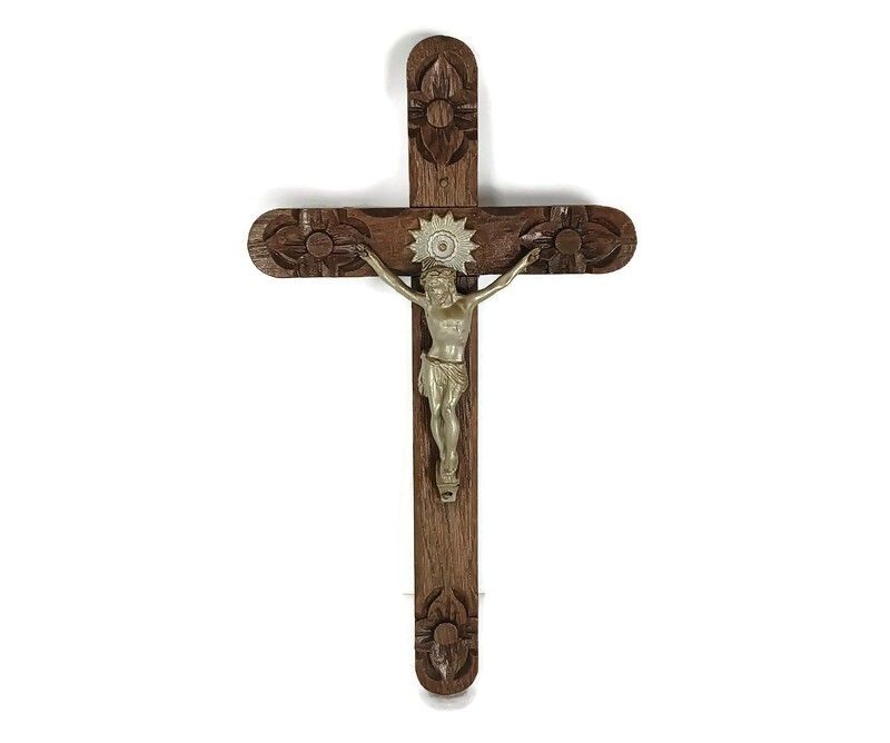Small Vintage Wall Crucifix Cross Carved Wood Spelter Corpus Christi, Lovely