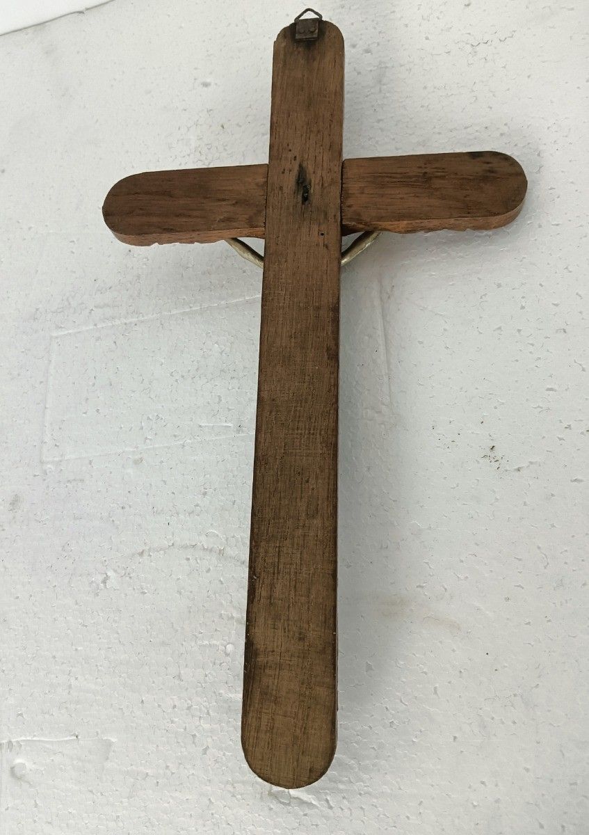 Small Vintage Wall Crucifix Cross Carved Wood Spelter Corpus Christi, Lovely photo 81.0
