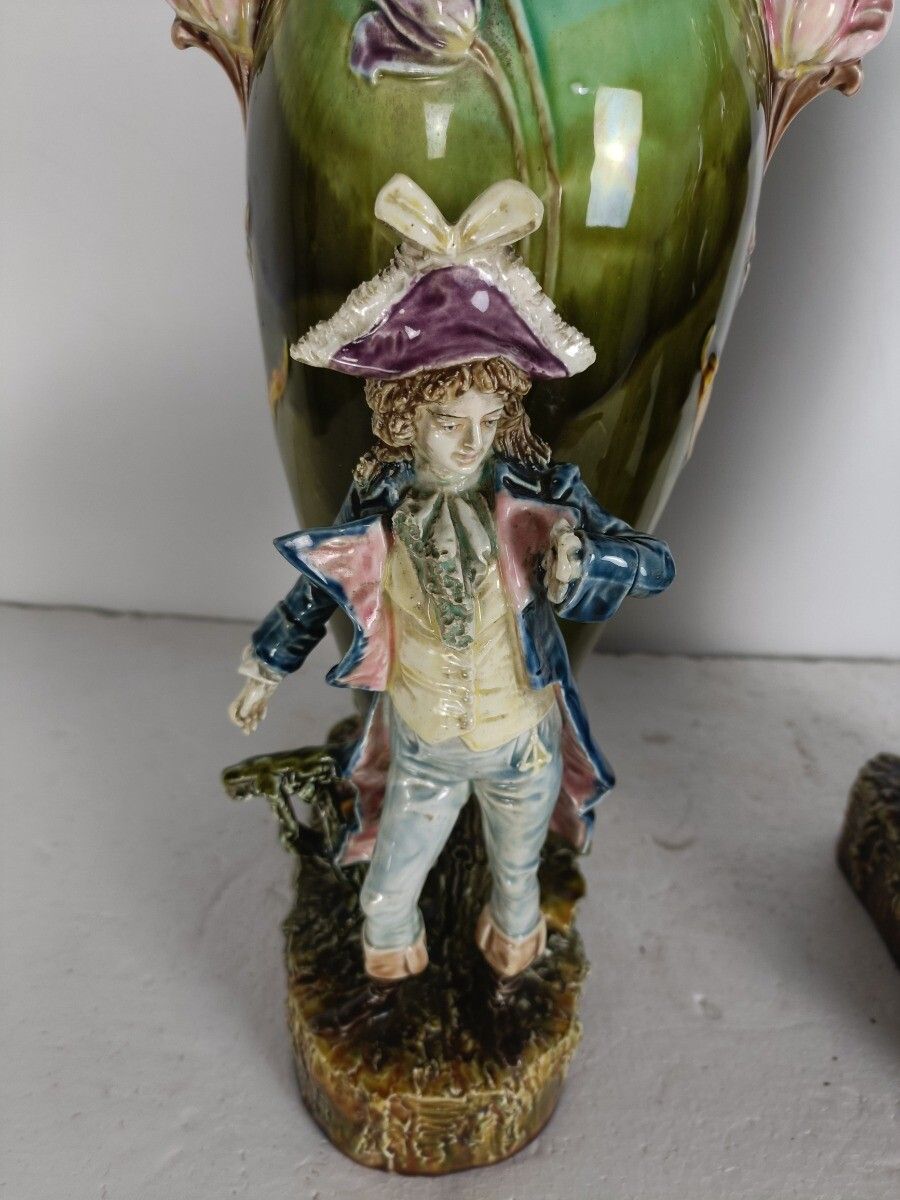 Art Nouveau French Pair Barbotine Majolica Large Vases Lady Man Figurines  Gorge photo buy