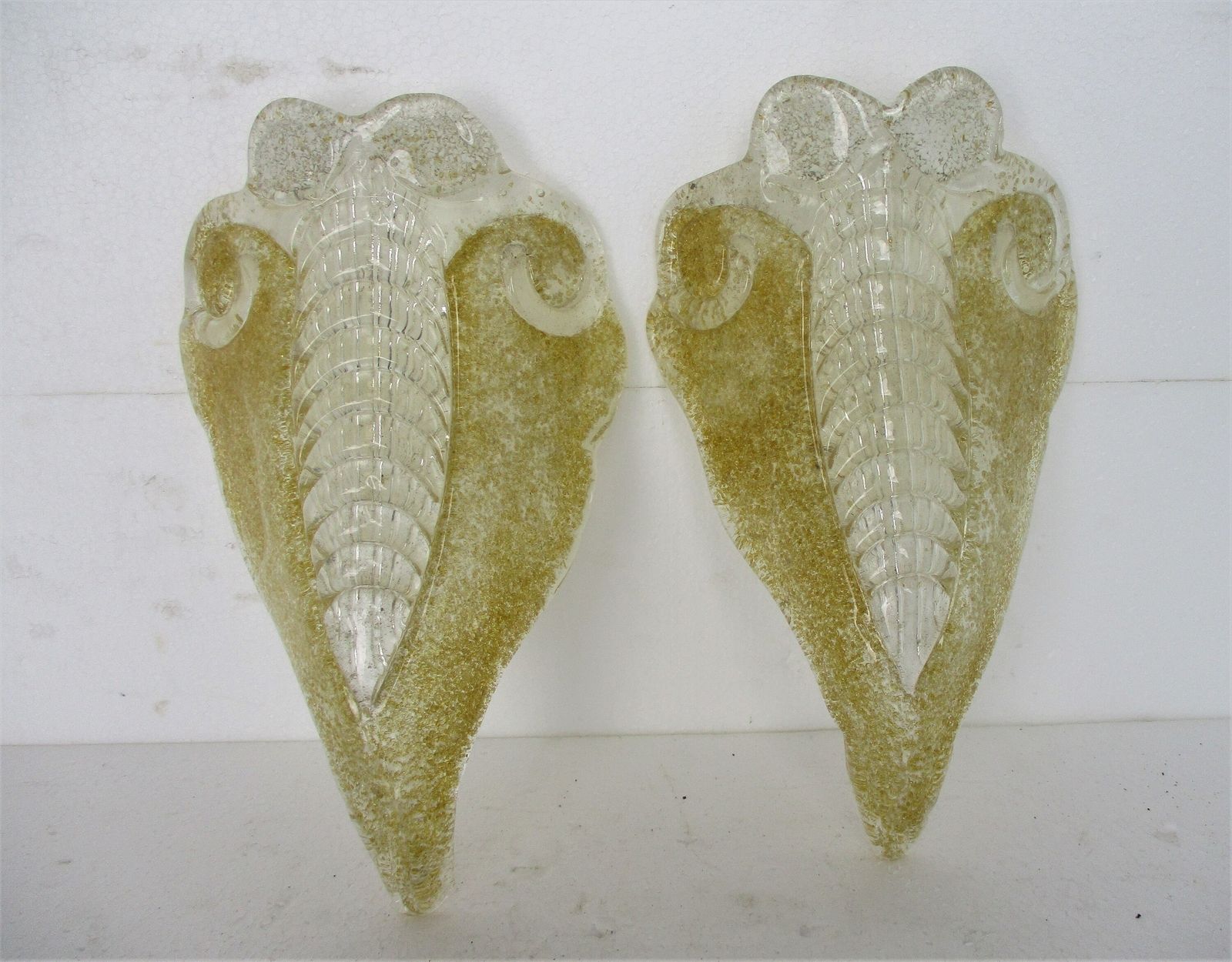 Pair Mid Century Murano Gold Flecks Glass Leaf Wall Sconces Barovier & Toso Art photo furniture