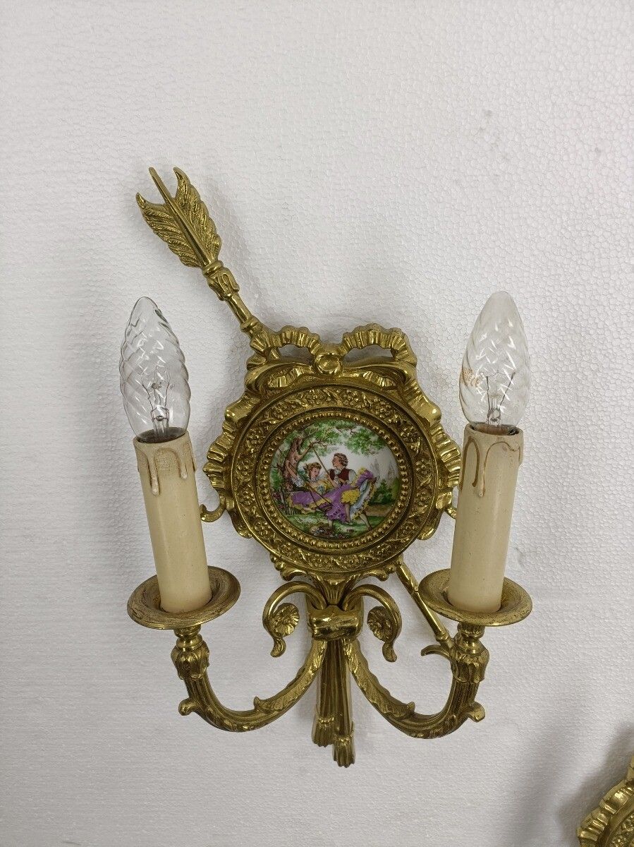 Gorgeous Pair Of Wall Sconces Lights Lamps Bronze Medallions Limoges Fragonard W photo vinterior