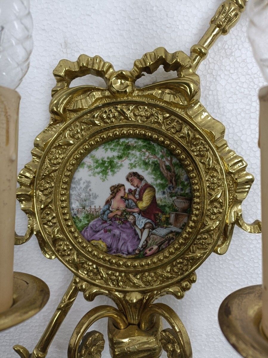 Lighting Gorgeous Pair Of Wall Sconces Lights Lamps Bronze Medallions Limoges Fragonard W photo