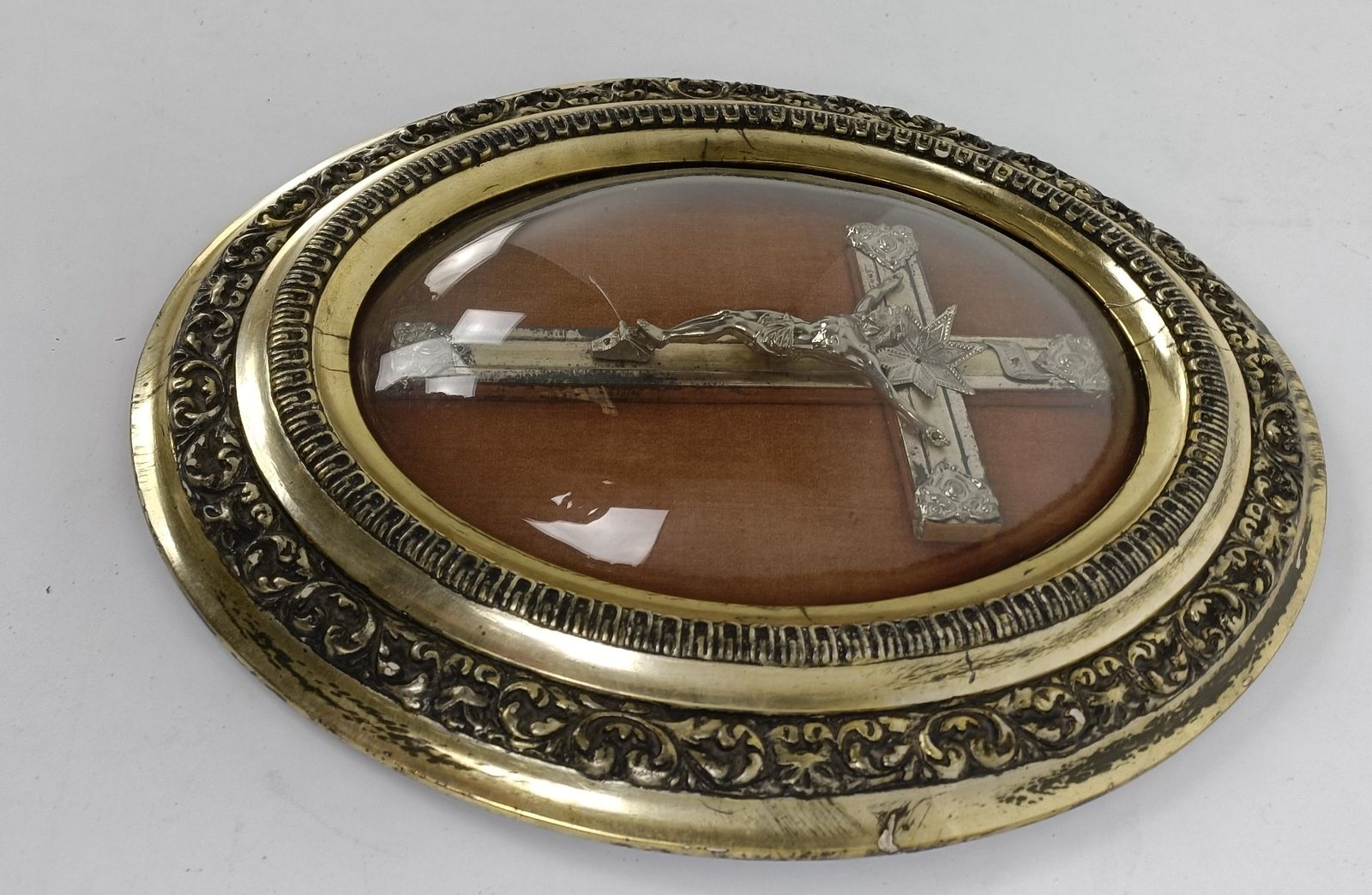 Antique Oval Ornate Convex Glass Dome Crucifix Cross Plaster Frame photo for sale