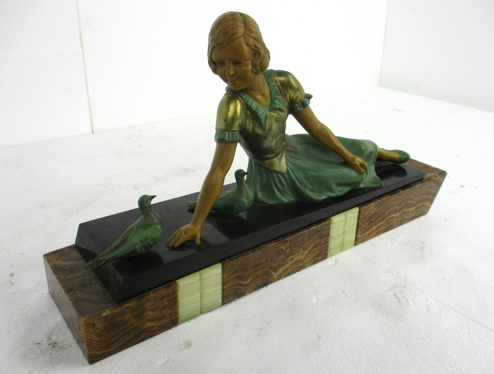 Art Nouveau Statue Figurine Girl Feeding Birds Marble Base Faux Bronze Figurine photo for sale