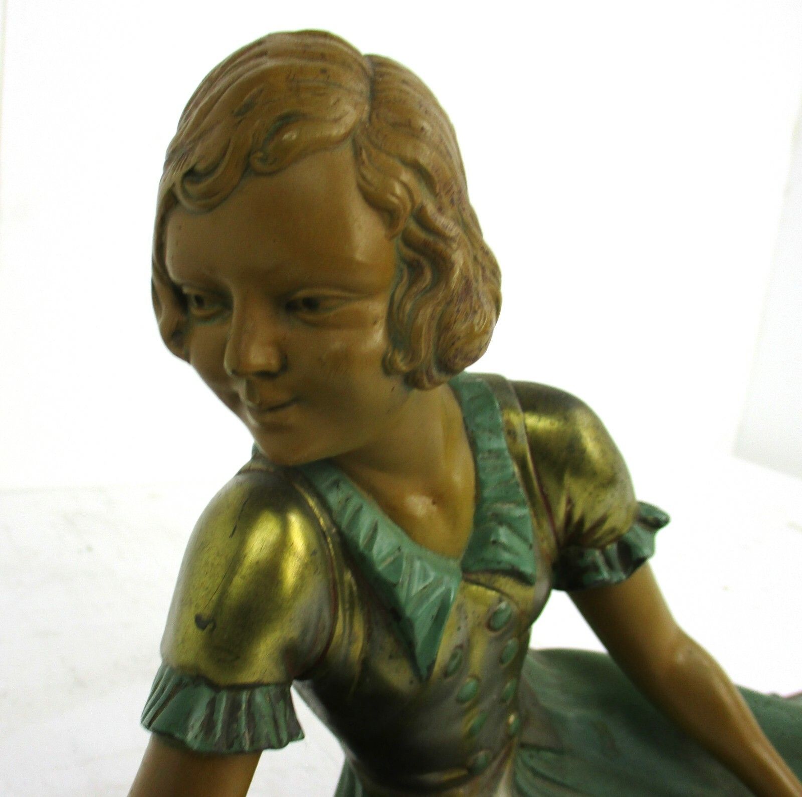 Art Nouveau Statue Figurine Girl Feeding Birds Marble Base Faux Bronze Figurine photo Art