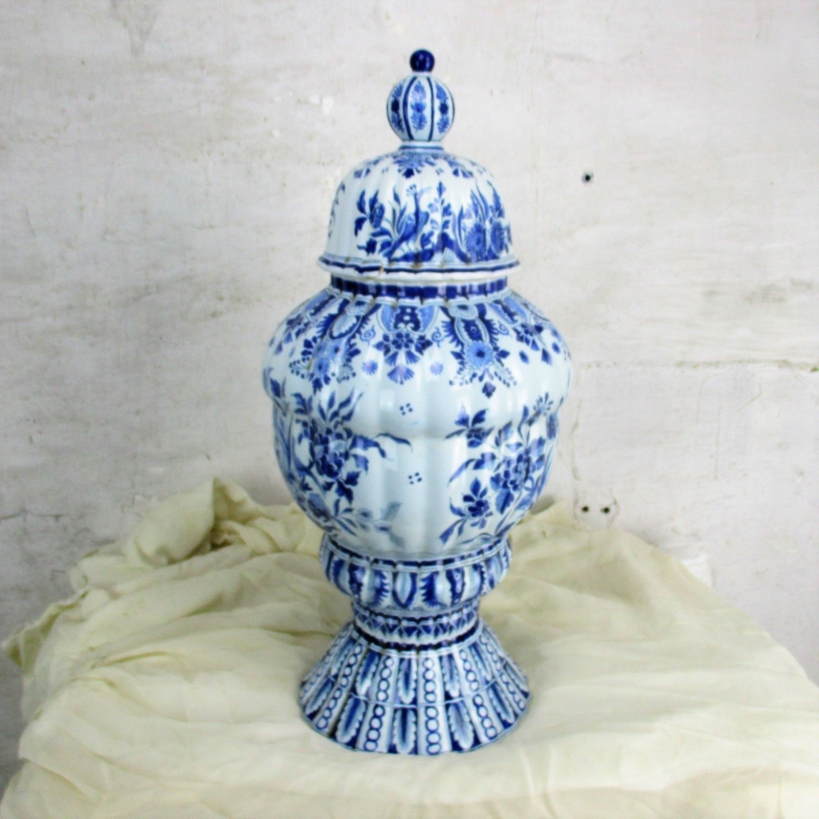Antique 19th C Xl  Marked The Three Bells Delft Vase Urn Peacocks Htf 20.86" photo Home Decor