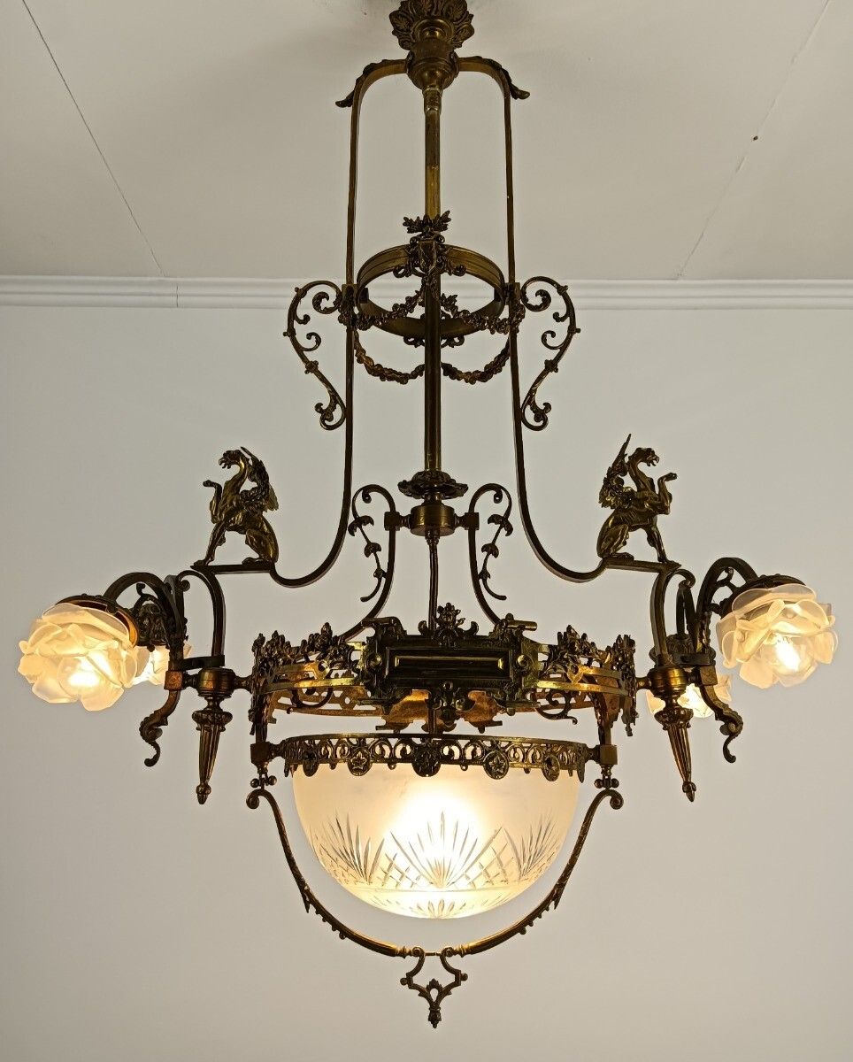Art Nouveau Chandelier Bronze Doré Coat Of Arms Dragons Huge  5 Lights Stunning photo furniture