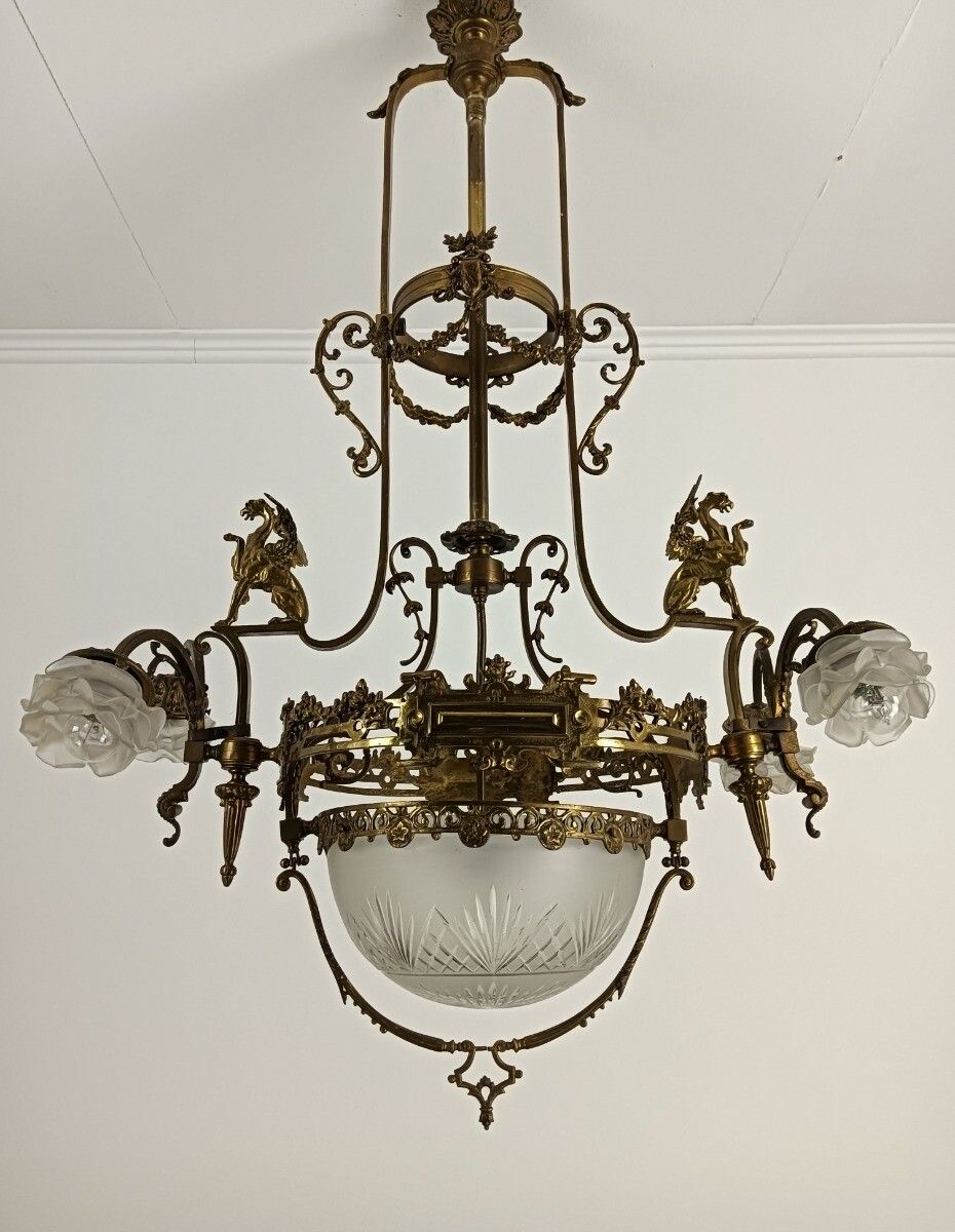 Art Nouveau Chandelier Bronze Doré Coat Of Arms Dragons Huge  5 Lights Stunning photo 1822.0