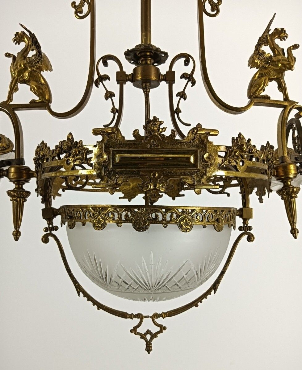 Art Nouveau Chandelier Bronze Doré Coat Of Arms Dragons Huge  5 Lights Stunning photo vinterior