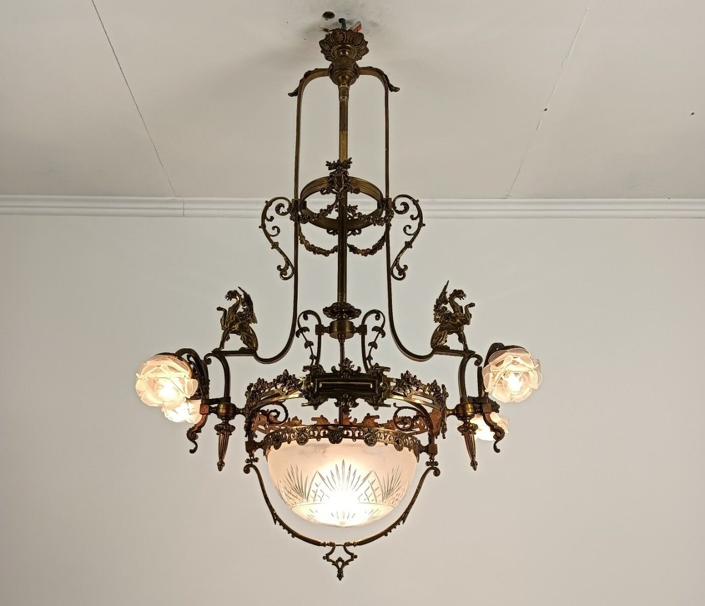 Lighting Art Nouveau Chandelier Bronze Doré Coat Of Arms Dragons Huge  5 Lights Stunning photo