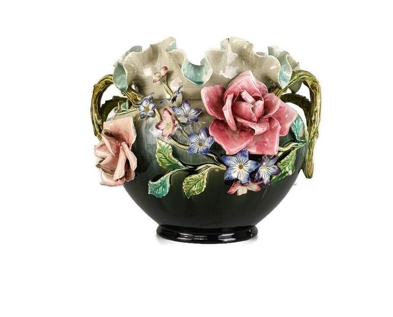 Planter Cache Pot French Pottery Faience Majolica Flowers Art Deco Basket Gorgeo