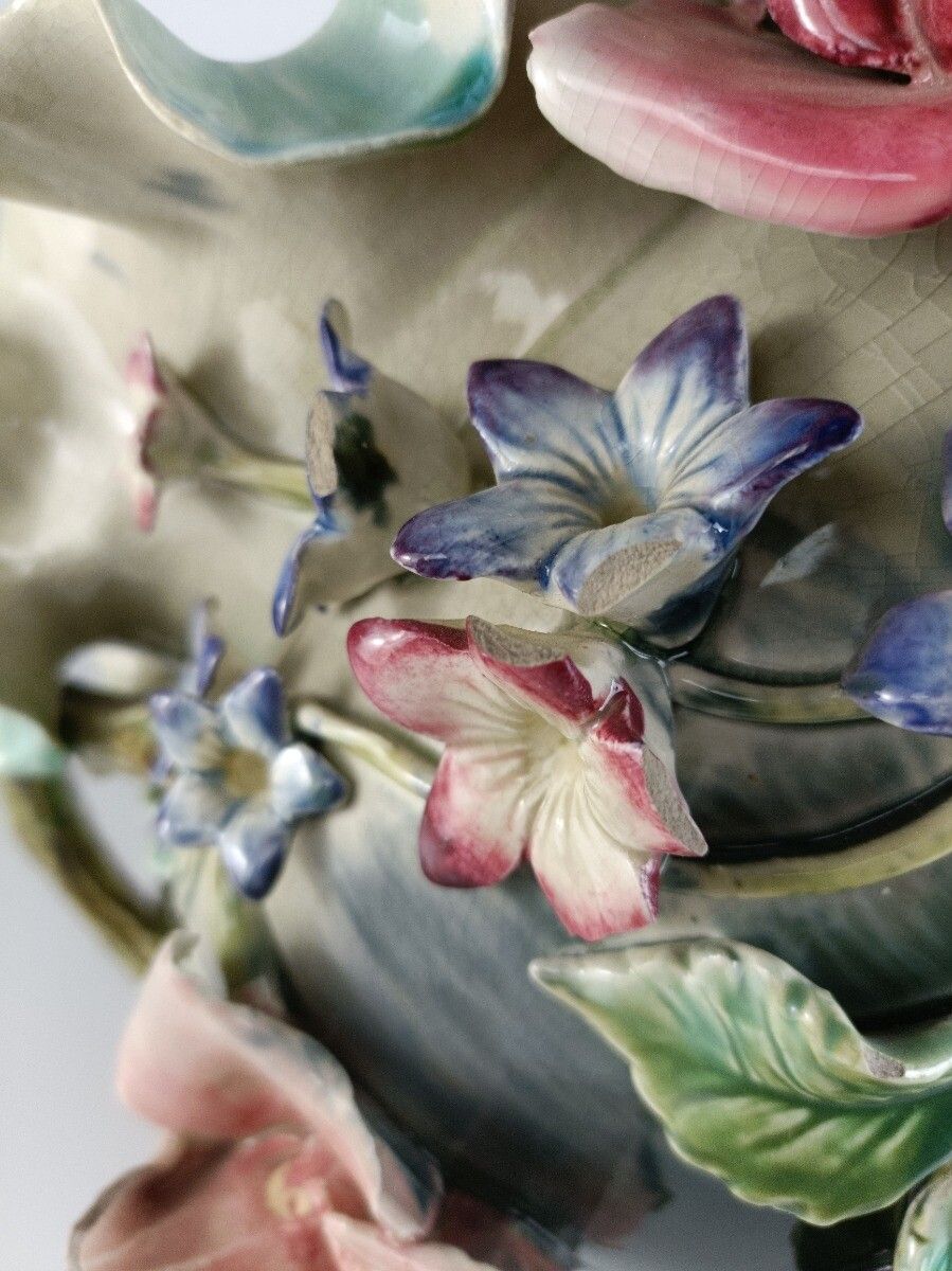 Planter Cache Pot French Pottery Faience Majolica Flowers Art Deco Basket Gorgeo photo vintage