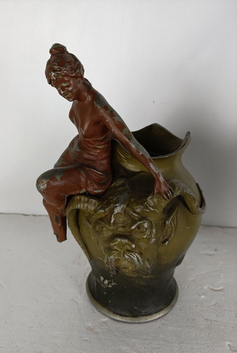 Pair Art Nouveau Vases Figurines Mythical Satyr Seducing Lady Bronze Patinated A photo furniture