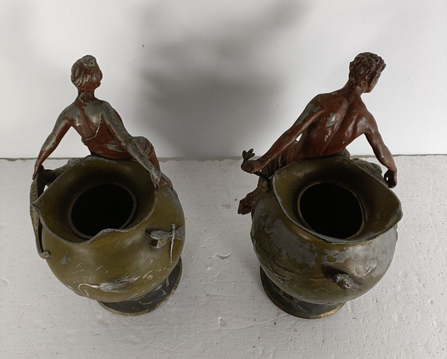 Pair Art Nouveau Vases Figurines Mythical Satyr Seducing Lady Bronze Patinated A photo vinterior