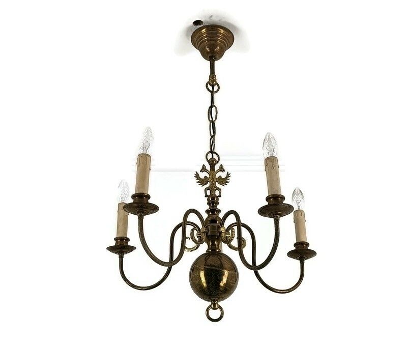 Chandelier 5 Lights Arms Brass Flemish Dutch Mid Century Farm Country Style Vint