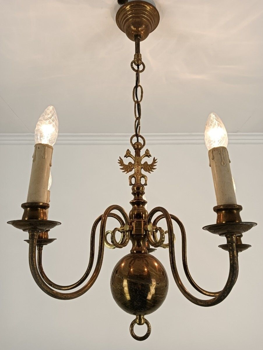 Chandelier 5 Lights Arms Brass Flemish Dutch Mid Century Farm Country Style Vint photo Lighting