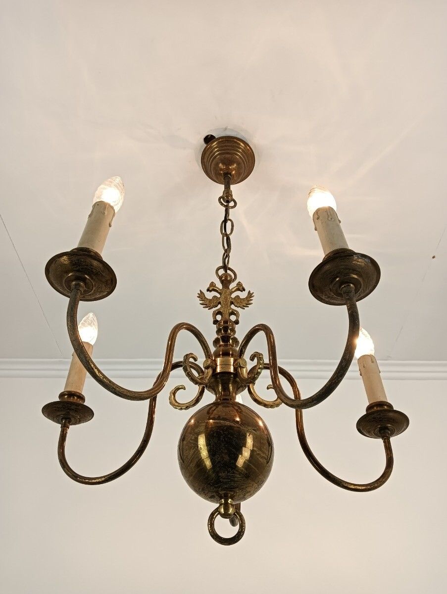Chandelier 5 Lights Arms Brass Flemish Dutch Mid Century Farm Country Style Vint photo buy
