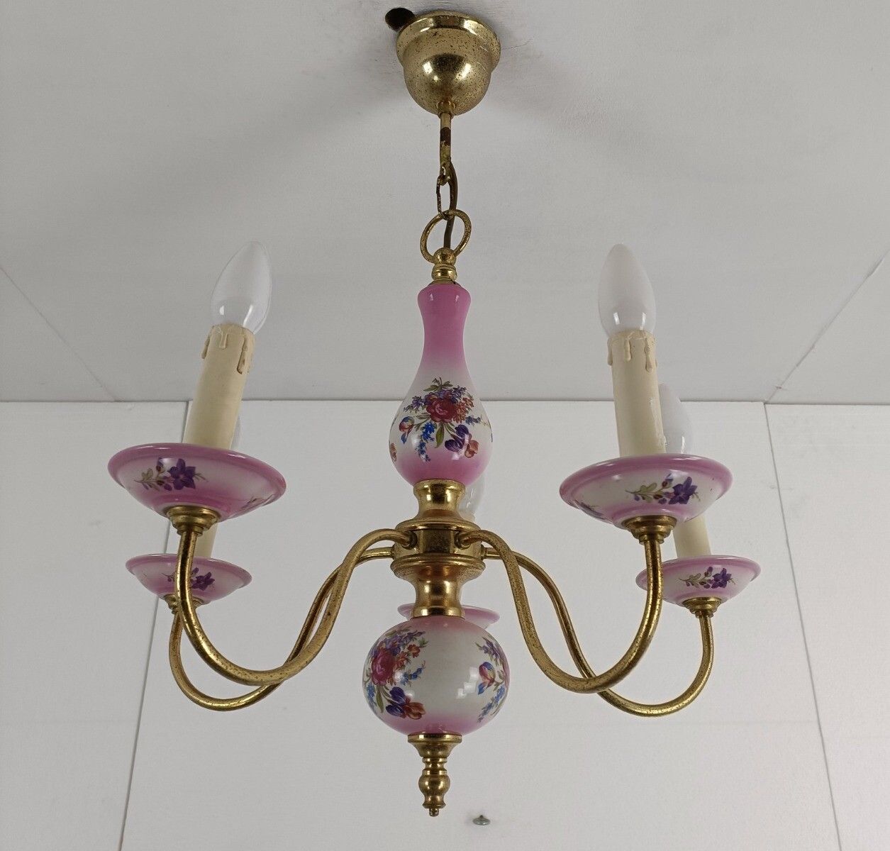 Chandelier 5 Arms Lights Ceramic Porcelain Ceramic Brass Italian Pink  Flowers L photo Lighting
