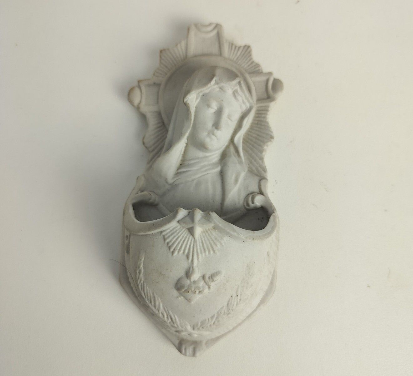 Antique Holy Water Font Vessel Bisque Porcelain White  Virgin Mary Madonna